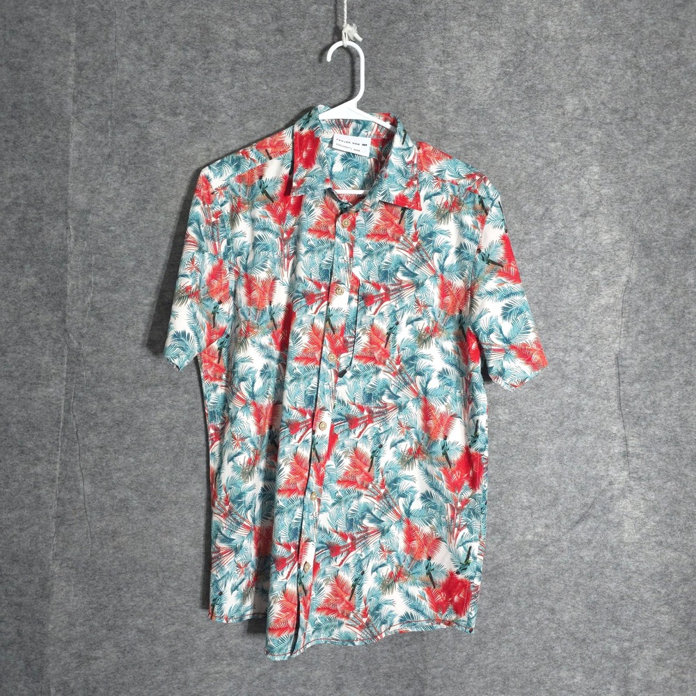 Projek Raw‎ Shirt Mens Medium White Red Blue Tropical Palm Hummingbird Button Up